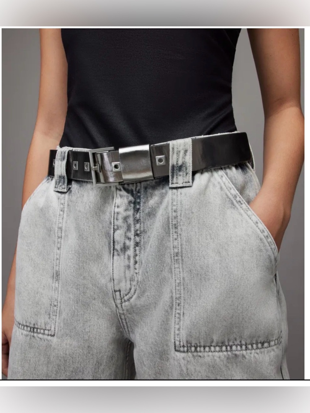 Allsaints Nieva Metallic Belt Small Silver Edgy Leather Party Rock Grunge Cool